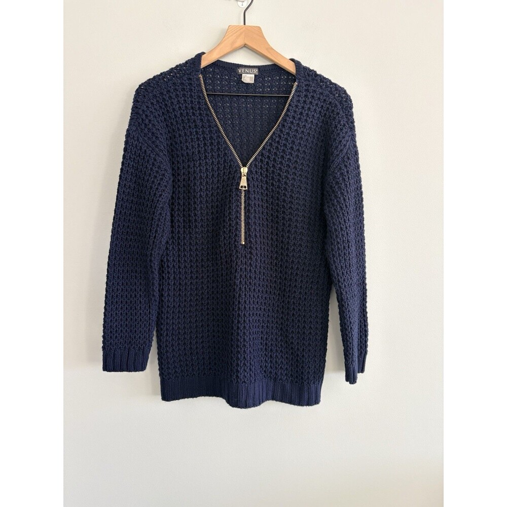 Venus 1/4 Zip Sweater Womens Large Navy Blue Open Knit Beach Vacation Classic